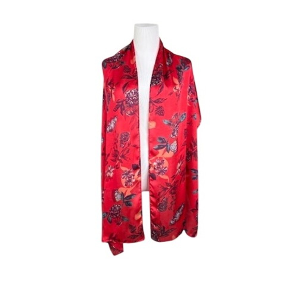 Avon Linear Wrap Shawl Red Floral Butterflies 70"x 17.5" Vintage Head Scarf